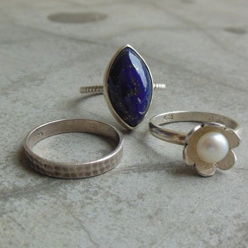 OOAK Lapis lazuli Ring - Pearl silver stack 3 rings