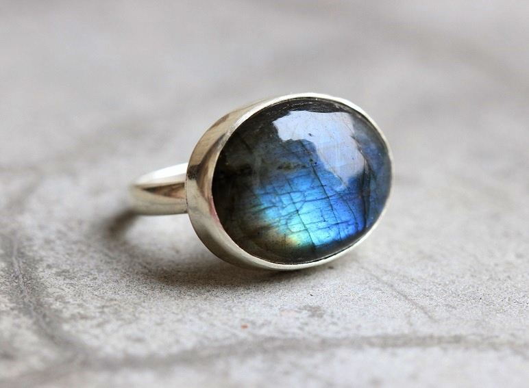 OOAK Natural labradorite ring, Cabochon silver ring, Blue oval ring 