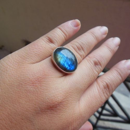 OOAK Natural labradorite ring, Cabochon silver ring, Blue oval ring 