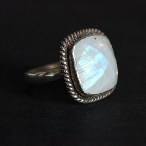 OOAK Rainbow Moonstone silver ring - Square gemstone - Gift for her