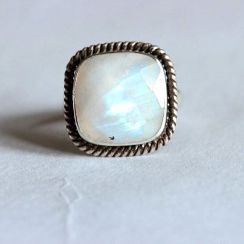 OOAK Rainbow Moonstone silver ring - Square gemstone - Gift for her