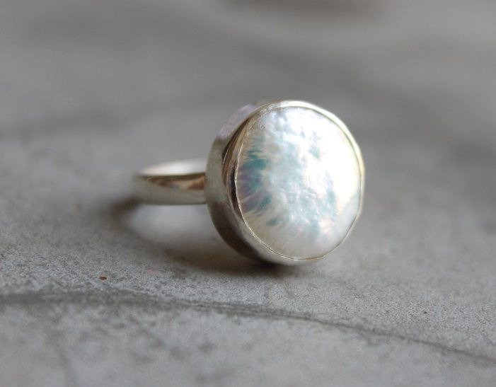 OOAK Silver Pearl ring, Artisan ring, Coin pearl birthstone ring