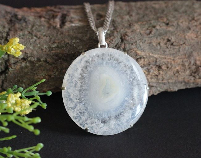OOAK Solar quartz pendant - Prong set round cabochon silver pendant