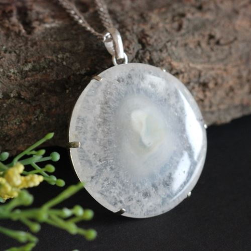 OOAK Solar quartz pendant - Prong set round cabochon silver pendant