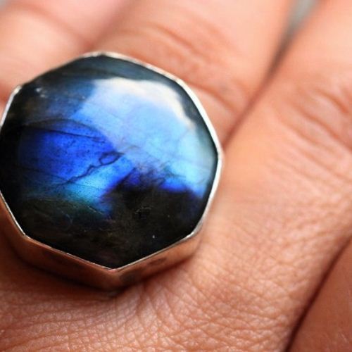 OOAK Statement ring, Labradorite Ring, Bold hexagon silver ring