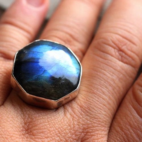 OOAK Statement ring, Labradorite Ring, Bold hexagon silver ring