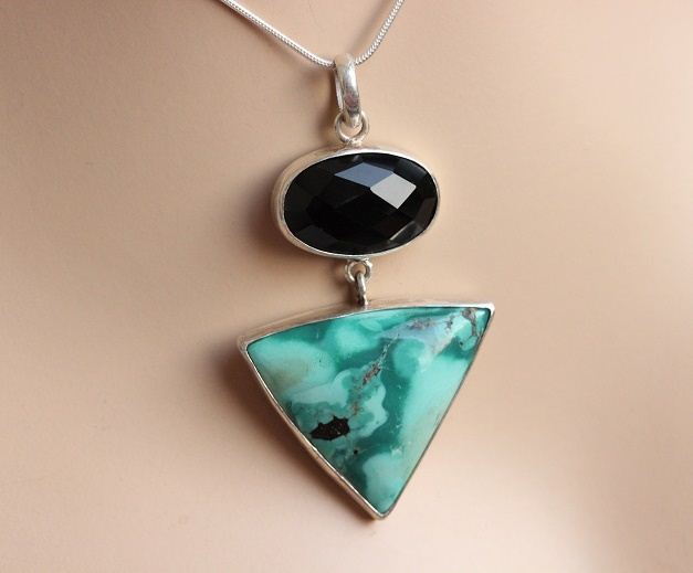 OOAK Turquoise pendant, Silver pendant, Turquoise black onyx pendant 