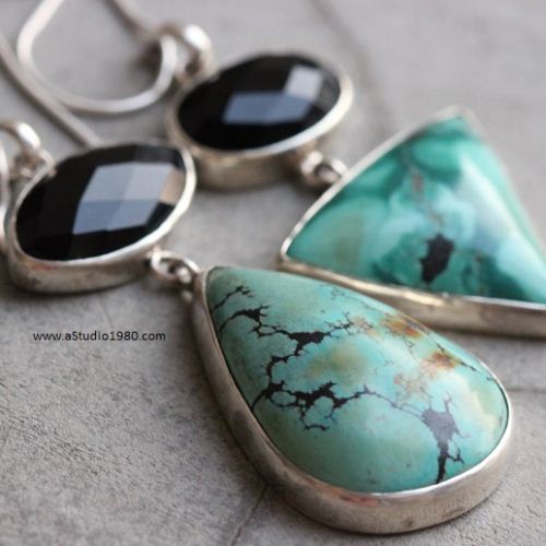 OOAK Turquoise pendant, Silver pendant, Turquoise black onyx pendant 