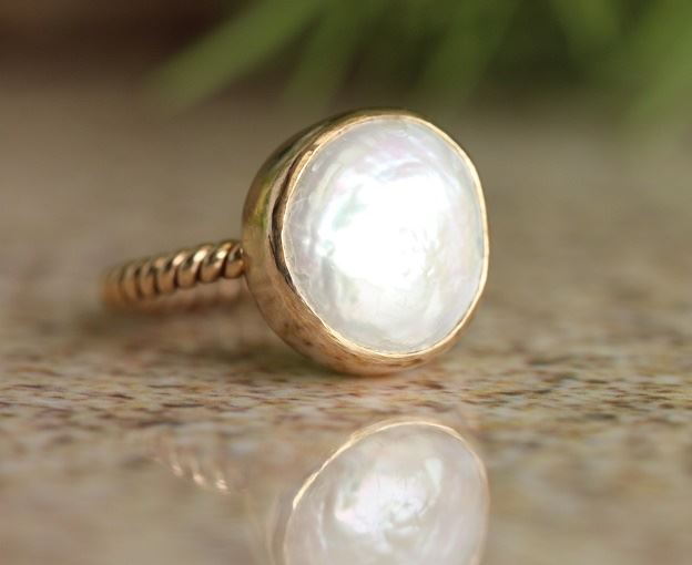 Coin pearl ring, 18k gold pearl ring, Gold wedding rings for women