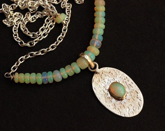 Opal Necklace, Hammered Natural Opal silver artisan pendant