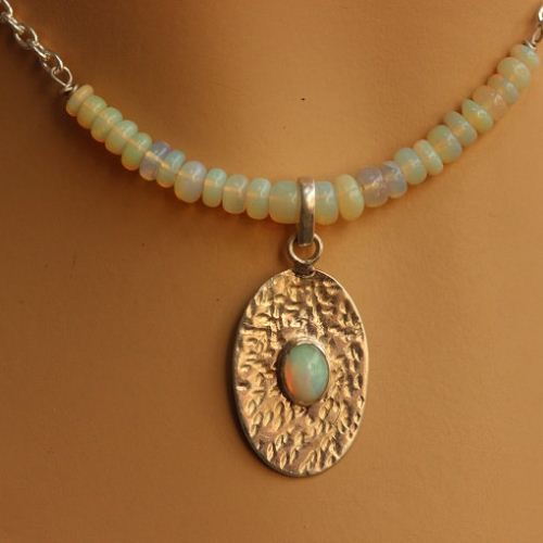 Opal Necklace, Hammered Natural Opal silver artisan pendant