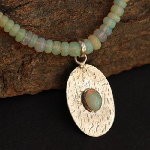 Opal Necklace, Hammered Natural Opal silver artisan pendant