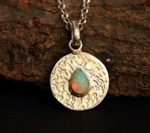 Opal pendant, Hammered Natural Opal silver pendant, Artisan jewelry