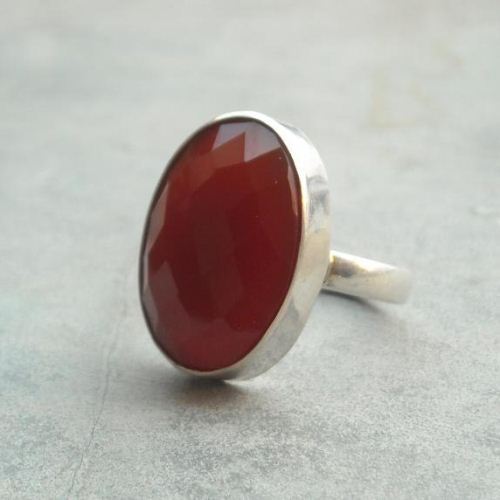 Oval faceted carnelian ring, Sterling silver artisan cocktail ring