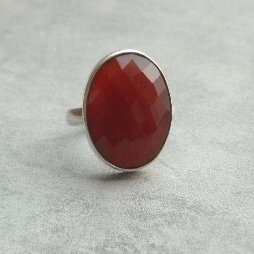 Oval faceted carnelian ring, Sterling silver artisan cocktail ring