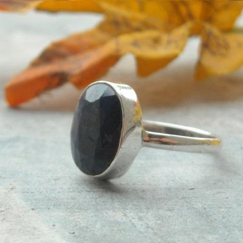 Oval ring, Faceted blue sapphire handmade sterling silver ring