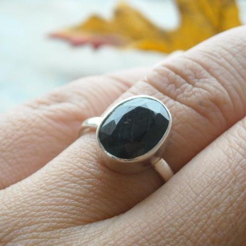 Oval ring, Faceted blue sapphire handmade sterling silver ring
