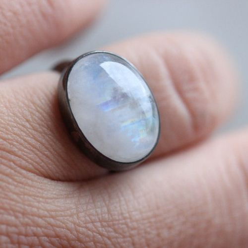 Oxidized OOAK Natural Moonstone Ring, Oval artisan silver ring