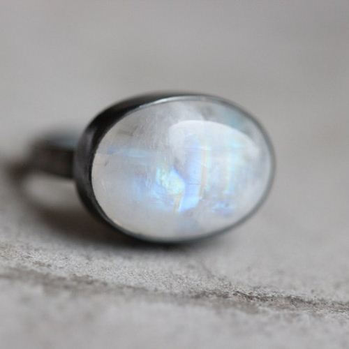 Oxidized OOAK Natural Moonstone Ring, Oval artisan silver ring