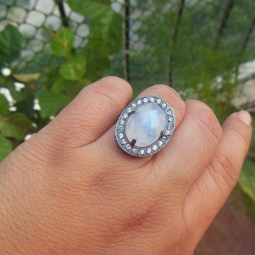 Oxidized OOAK Natural Moonstone Ring, Oval artisan silver ring