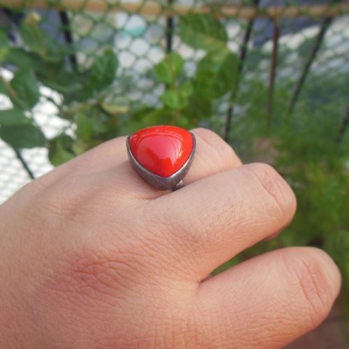 Oxidized Red coral Ring - Bezel set gemstone silver ring