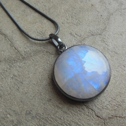 Oxidized pendant, Rainbow Moonstone silver round pendant