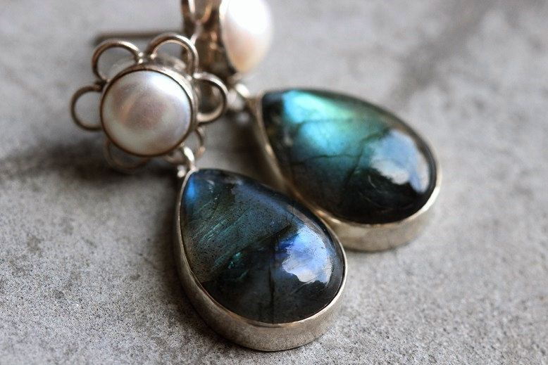 Pearl post earrings, Labradorite pearl silver earrings, Artisan jewelry