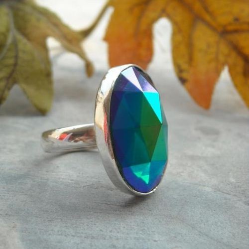 Peacock vitral blue vintage glass ring, Faceted cabochon silver ring
