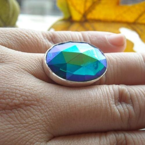 Peacock vitral blue vintage glass ring, Faceted cabochon silver ring