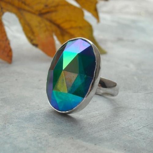 Peacock vitral blue vintage glass ring, Faceted cabochon silver ring