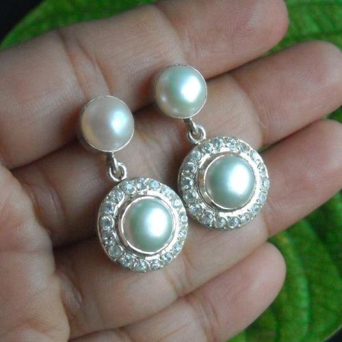 Pearl and cz earrings, Bridal pearl silver cz earrings