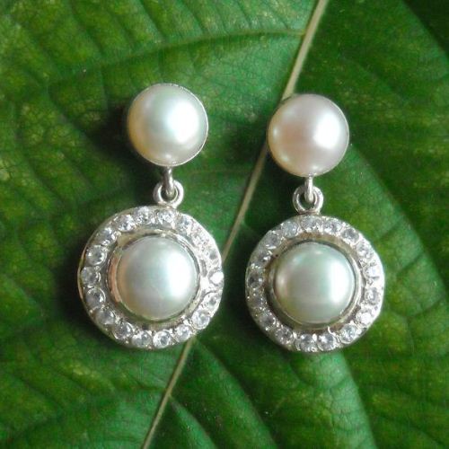 Pearl and cz earrings, Bridal pearl silver cz earrings