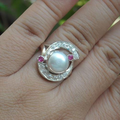 Pearl and ruby ring, Sterling silver CZ ring, Pearl engagement ring