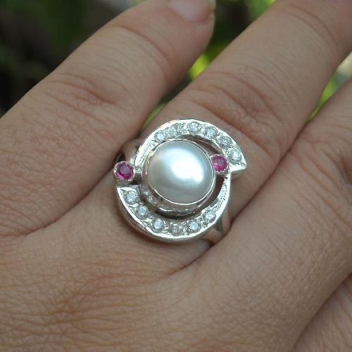 Pearl and ruby ring, Sterling silver CZ ring, Pearl engagement ring