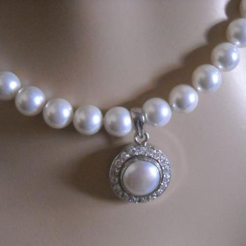 Pearl bridal jewelry sets - CZ Pearl pendant necklace earrings set