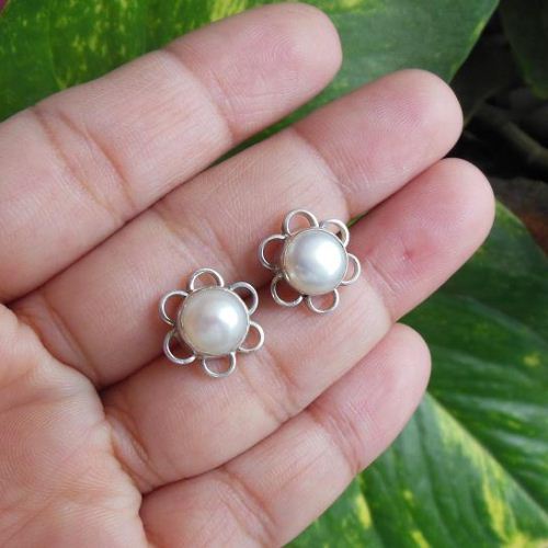 Pearl earrings, Stud earrings, Pearl silver ear studs, Bridal jewelry