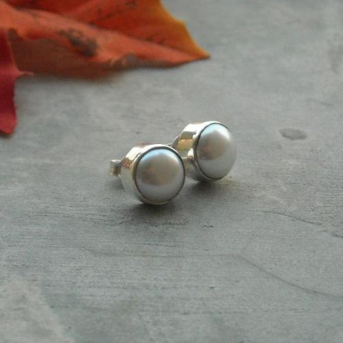 White pearl stud earrings 10mm, freshwater pearl silver stud earrings 