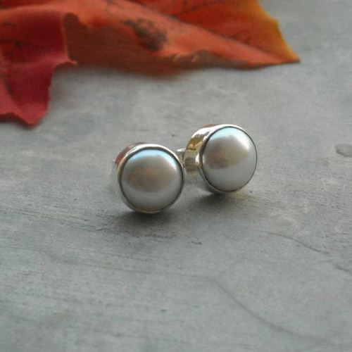 White pearl stud earrings 10mm, freshwater pearl silver stud earrings 