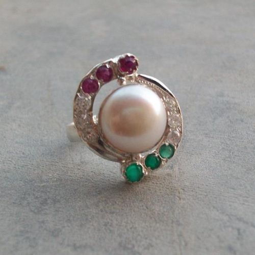 Pearl ring, Emerald ring, Ruby sterling silver cz ring