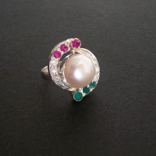 Pearl ring, Emerald ring, Ruby sterling silver cz ring