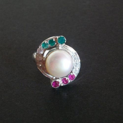Pearl ring, Emerald ring, Ruby sterling silver cz ring