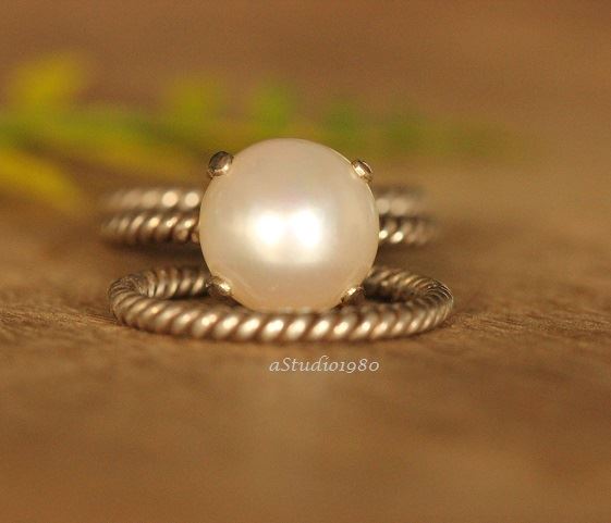 Pearl stack rings, Anniversary engagement wedding silver ring 