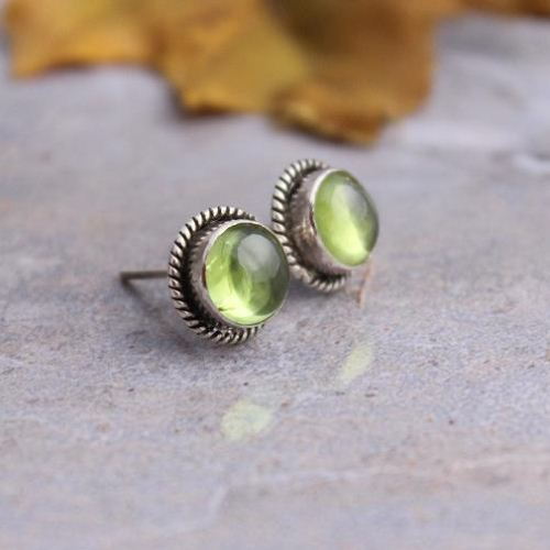 Peridot earrings, Stud earrings, Peridot silver stud artisan earrings