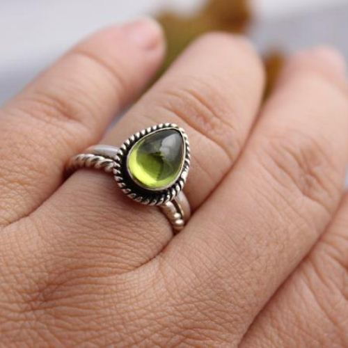 Peridot ring, Olive green ring, Stackable silver ring, August birthstone