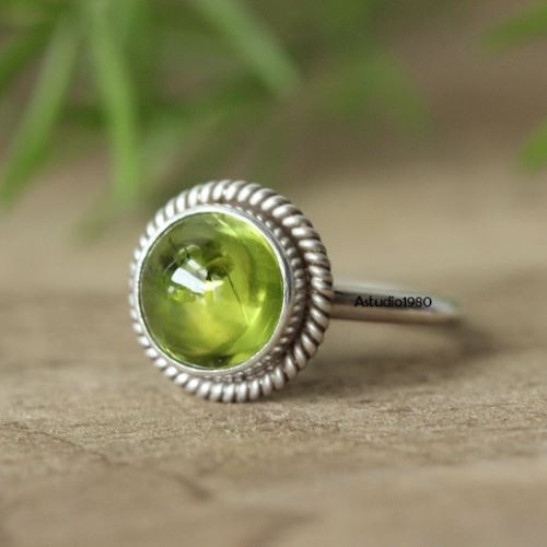 Peridot ring, Olive green ring, August birthstone silver ring