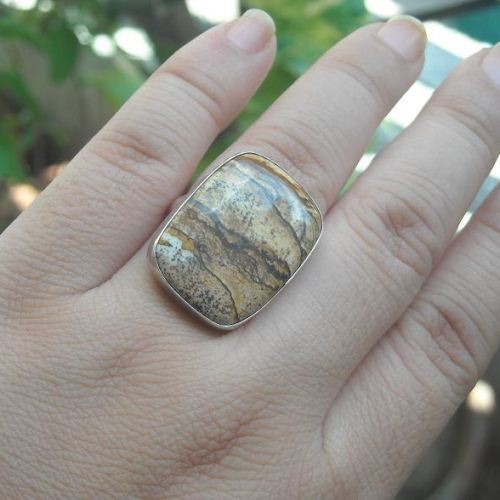 Picture jasper ring - Large stone ring - 925 Silver cabochon ring