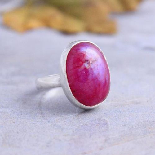 Pink Rainbow Moonstone Ring Cabochon