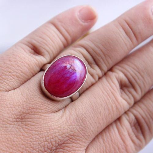 Pink rainbow moonstone ring, Cabochon pink moonstone silver ring