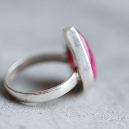 Pink Rainbow Moonstone Ring, Cabochon drop silver ring 