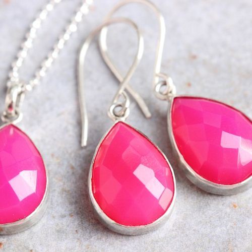 Pink earrings, Chalcedony earrings, Drop shape silver earrings 